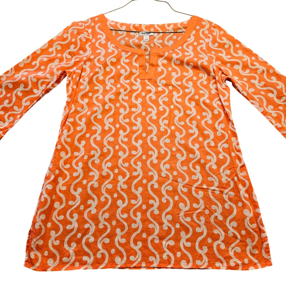 Old Navy Orange White Swirl Print Cotton Tunic Top Split Neck‎ 3/4 Sleeve Small